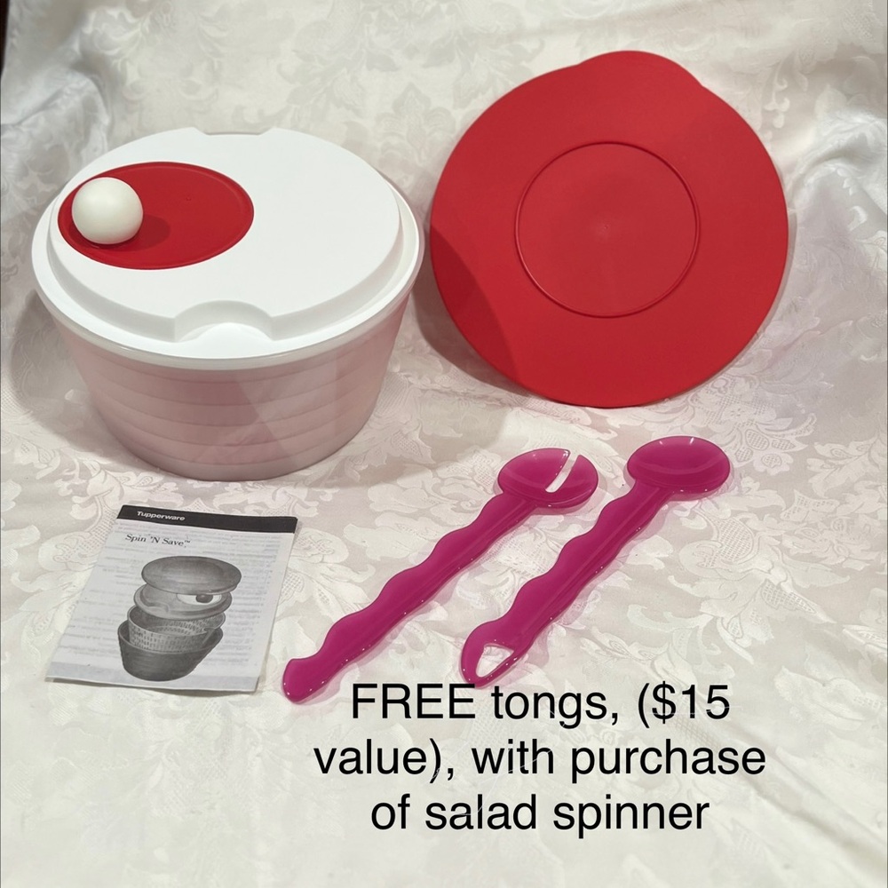 NEW (NIP) Tupperware Red and White Salad Spinner with FREE Tongs (LAST one)